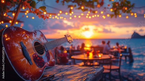 Sunset acoustic guitar beachside