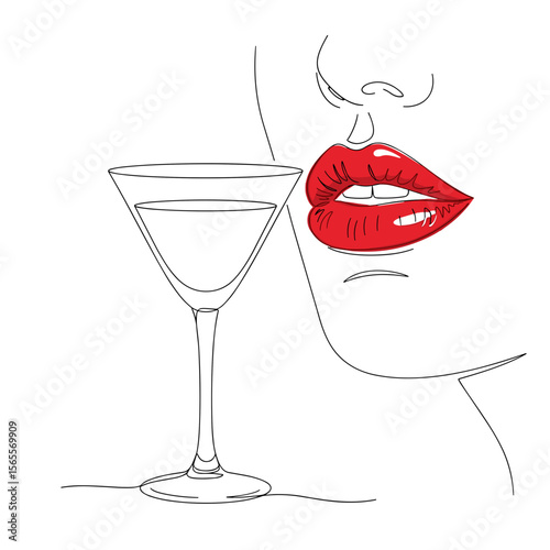 Stylish woman with red lips holding a martini glass  