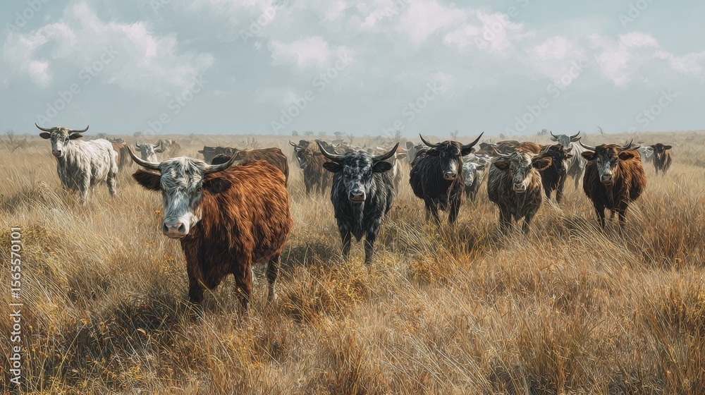Obraz premium Herd of Cattle Grazing on Dry Grass Field