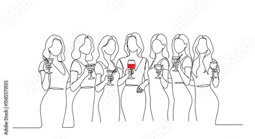 Group of women holding drinks in minimal line art style  