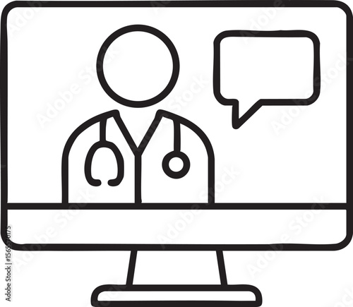 Telemedicine Consultation Icon Depicting a Doctor on a Computer Screen with a Speech Bubble black and