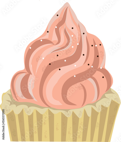 Vector illustration of a cupcake with pink whipped cream topping and sprinkles. Perfect for bakery designs, food packaging, children’s party invitations, and dessert-themed projects.