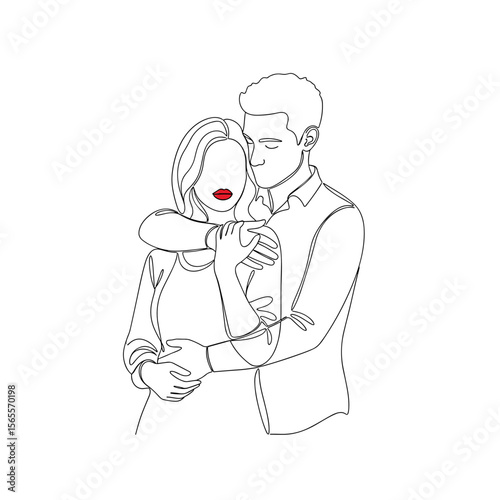 Line art couple embracing with red lips in minimal design  