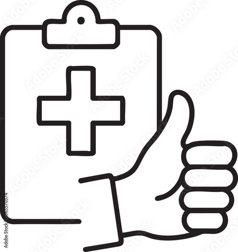 Positive Medical Report Hand Giving Thumbs Up with Clipboard and Medical Cross Icon in Black and White