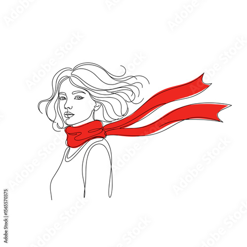 Woman with flowing hair wearing a red scarf in minimalist style  