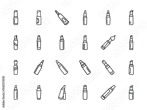 Concealer Stick Silhouette Icons – Makeup and Beauty Cosmetic Applicators in Outline Style on White Background