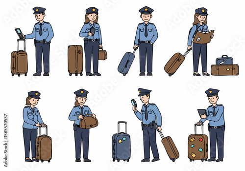 Collection of illustrated airport police and customs officers in various poses with luggage, depicting security and travel inspection processes.