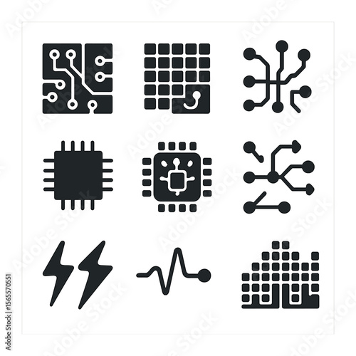 Digital Circuit Icons. Solid, filled icons set of digital circuit patterns: PCB layout, chip grid, solder