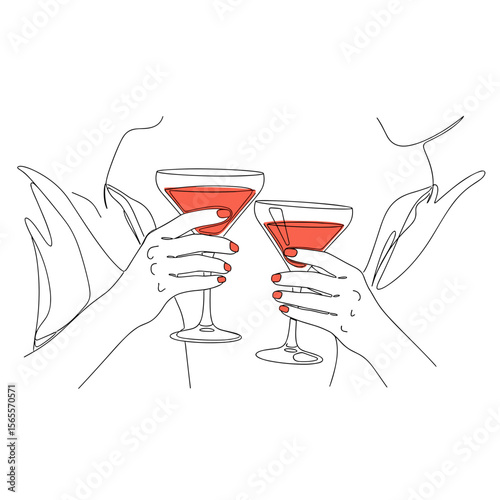 Two women toasting with cocktails in minimalist line art style  