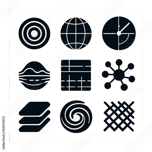 Futuristic UI Icons. Solid, filled icons set of futuristic UI patterns: HUD rings, scanner mesh, radar sweep,