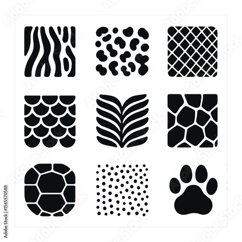 Animal Skin Pattern Icons. Solid, filled icons set of animal skin patterns: zebra stripes, leopard dots, snake