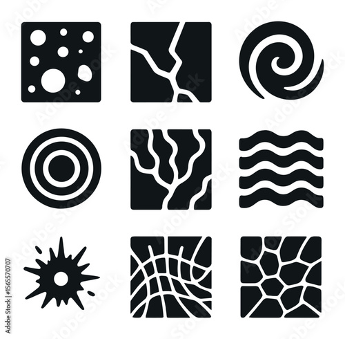 Planetary Surface Icons. Solid, filled icons set of planetary surface patterns: crater field, tectonic line,
