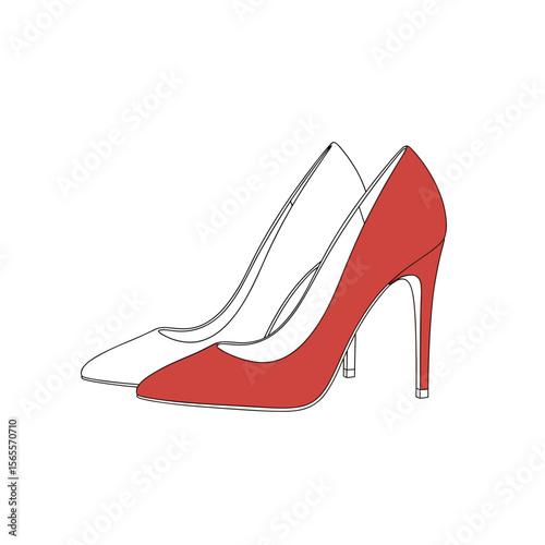 Red and white high heels in fashionable design on white background  