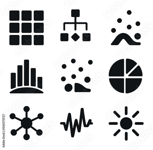 Data Icon Grid. Solid, filled icons set of data-driven patterns: heatmap grid, data tree, flowchart stream,
