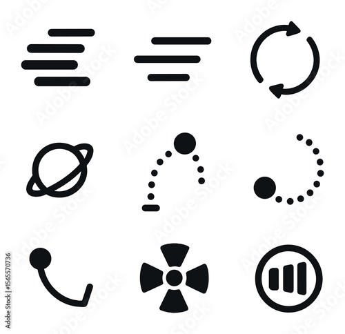 Motion Pattern Icons. Solid, filled icons set of motion-based generative patterns: trail echo, speed line,