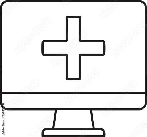 Online Healthcare and Telemedicine Concept Computer Monitor Displaying a Medical Cross Symbol for Digital Health Solutions
