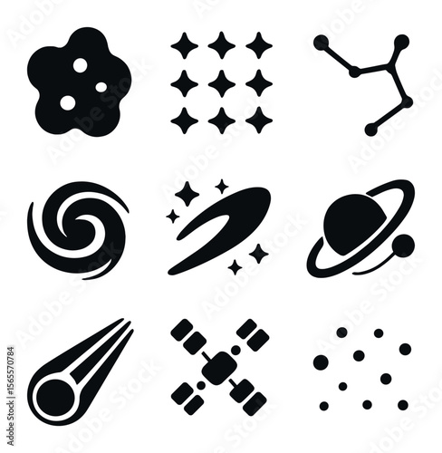 Cosmic Icon Grid. Solid, filled icons set of cosmic and space patterns: nebula cloud, star grid, constellation