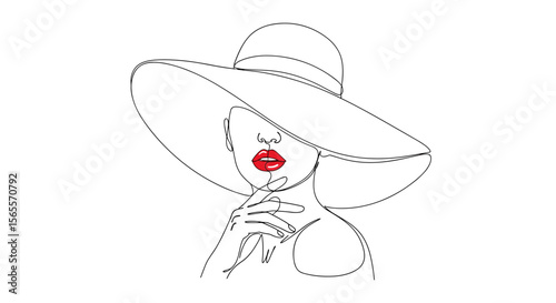 Line art of elegant woman wearing large hat and red lips  
