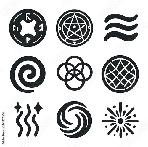 Fantasy Magic Icons. Solid, filled icons set of fantasy magical patterns: rune ring, magic circle, energy wave