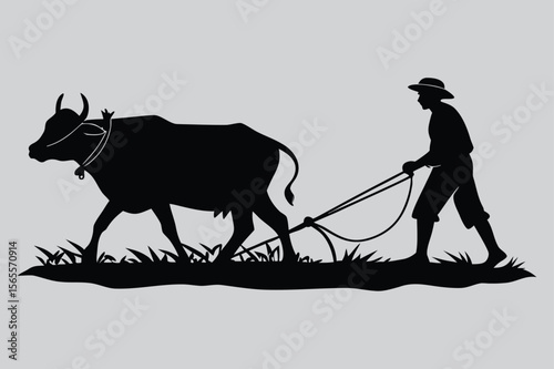 Farmer plowing with oxen silhouette vector design art and illustration