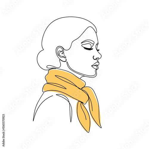 Line art illustration of a woman wearing a yellow scarf  