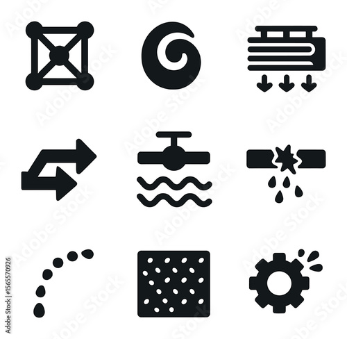 Mechanical Fluid Icons. Solid, filled icons set of mechanical fluid patterns: hydraulic mesh, oil swirl,