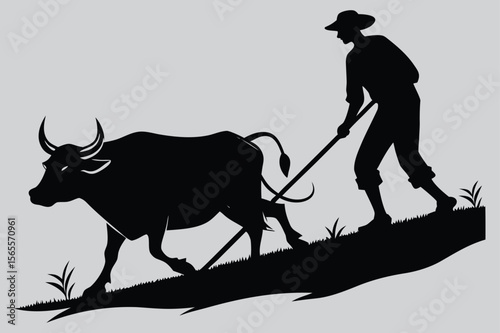 Farmer plowing with oxen silhouette vector design art and illustration