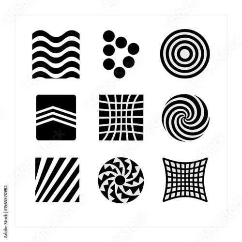 Illusion Icon Patterns Grid. Solid, filled icons set of illusion-based generative patterns: moiré wave,
