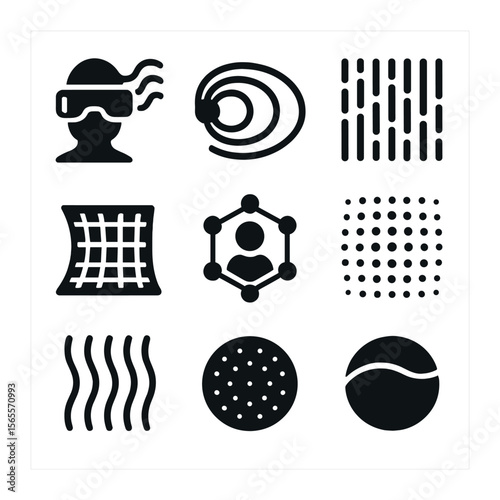 Holographic Icon Grid. Solid, filled icons set of holographic simulation patterns: VR wave, digital echo,