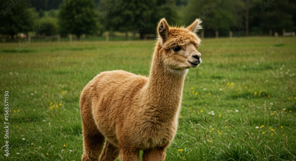 Obraz premium Fluffy alpaca in a grassy field
