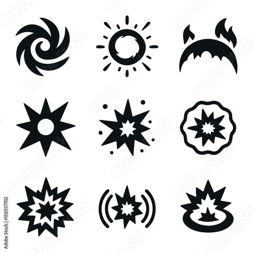 Explosion Icon Set. Solid, filled icons set of energetic explosion patterns: blast swirl, shockwave field,