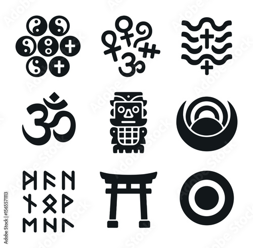 Cultural Icon Grid. Solid, filled icons set of cultural symbol patterns: yin-yang grid, ankh swirl, cross wave