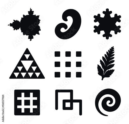 Fractal Geometry Icons. Solid, filled icons set of fractal geometry patterns: Mandelbrot set, Julia curve,