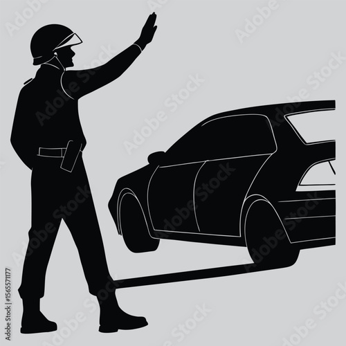 Police officer stopping traffic with hand signal silhouette vector design art and illustration
