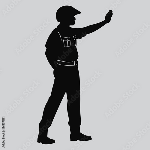 Police officer stopping traffic with hand signal silhouette vector design art and illustration