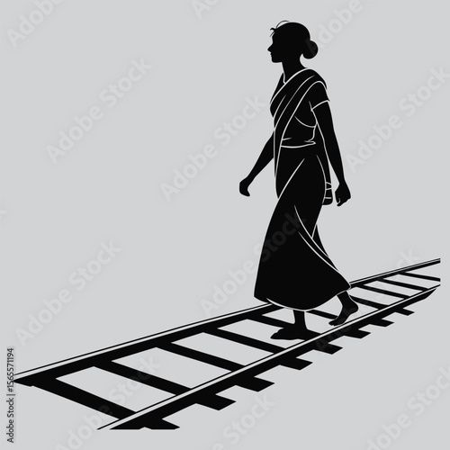 Woman in Sari Walking on Railway Track silhouette vector design art and illustration