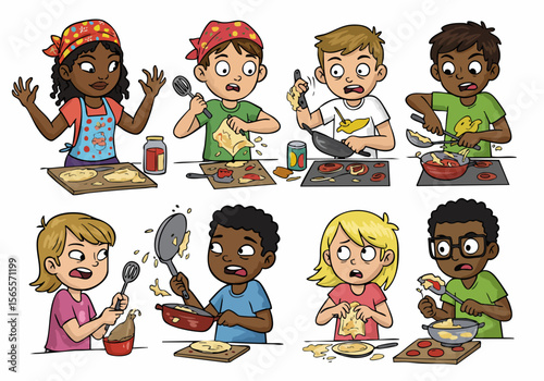 Group of diverse children attempting to cook, making a mess and looking surprised or frustrated in a kitchen illustration.