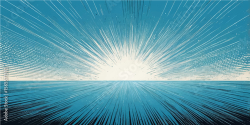 Bright sunlight streams across the blue sky, casting warm rays on the ocean's surface, creating a perfect summer day landscape