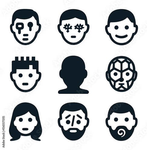 AI Portrait Icons. Solid, filled icons set of AI-generated portraits: digital face, neural eyes, synthetic