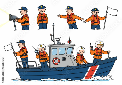 Cartoon illustration of Coast Guard personnel in various poses and aboard a patrol boat, representing marine safety and rescue services.