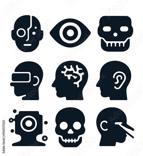 Futuristic Humanoid Icons. Solid, filled icons set of futuristic humanoids: cyborg face, robotic eye, metal