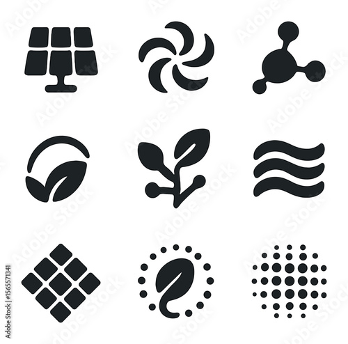 Eco-Technology Icon Set. Solid, filled icons set of eco-technology patterns: solar grid, wind swirl, bio-node,