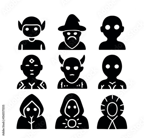 Fantasy AI Icon Set. Solid, filled icons set of fantasy AI beings: elf bot, wizard avatar, glowing eyes,