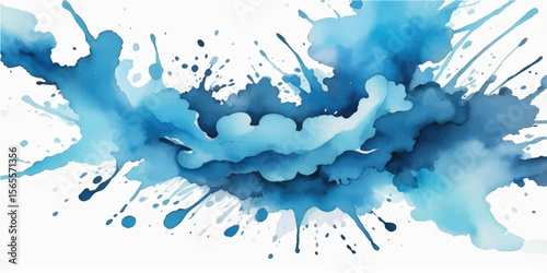 Abstract blue watercolor background with paint splashes and artistic grunge ink texture