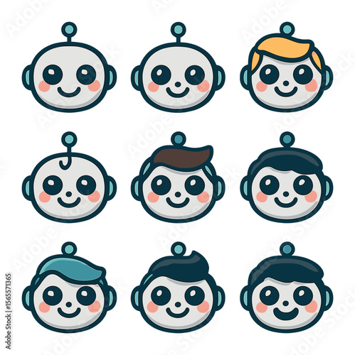 Cartoon AI Avatars. Solid, filled icons set of cartoon AI avatars: toon bot, round face, big eyes, smiling
