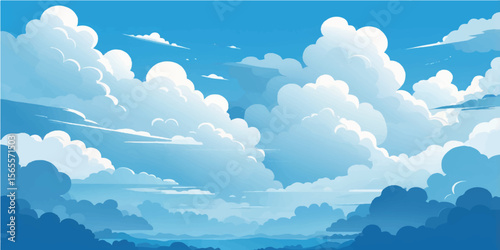Blue sky with fluffy white clouds, a bright and beautiful natural cloudscape