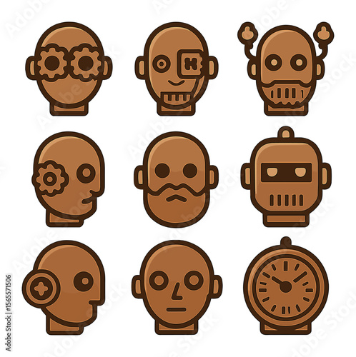 Steampunk AI Icons. Solid, filled icons set of steampunk AI avatars: gear eyes, copper skin, monocle chip,