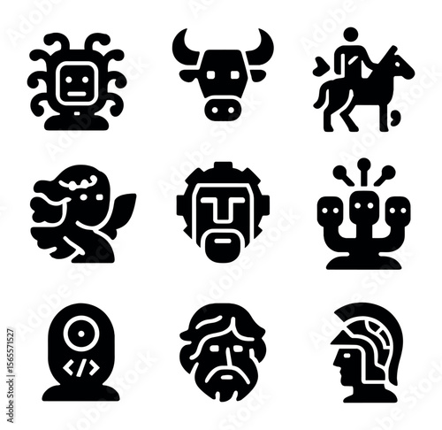 Mythical AI Icons. Solid, filled icons set of mythological AI faces: medusa bot, minotaur head, centaur code,