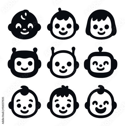 Childlike AI Avatars. Solid, filled icons set of childlike AI avatars: baby face, chubby cheeks, bright eyes,