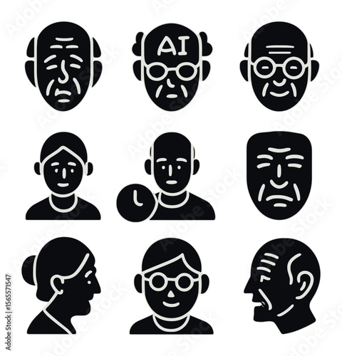 Elderly AI Portraits Icons. Solid, filled icons set of elderly AI portraits: wrinkled face, silver code, wise